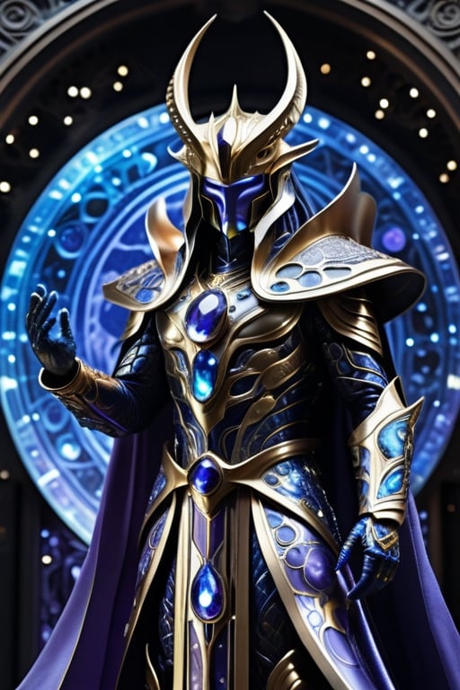 Alien King: "King Zal'thor stands tall with an imposing presence,  his skin a shimmering shade of deep cobalt blue with in...