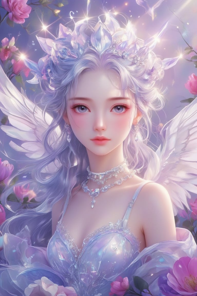 Masterpiece, Professional, Top Quality, High Resolution, High Detail, Perfect Detail,1 cute angel, super cute and beautiful, radiant, all white angel outfit, silver long hair, dancing hair tips, angel wings, angel crown, crystal headwear, crystal necklace, earrings, 8k wallpaper, (masterpiece), (best quality), (ultra fine), dynamic angle, cute anime face and details, (loli, flowers), sparkling, representative (worldwide), super long hair, aperture, oil painting style, touch,((everything purple))