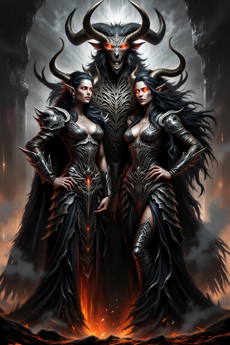 Create a high-definition, sharp portrait of a powerful demon queen and demon king standing together in a dark, ominous throne room. The demon queen has dark, flowing, wild hair with streaks of crimson, her eyes glowing with an otherworldly fire. Her sharp, alluring features are enhanced by graceful horns extending from her forehead. She wears tattered, regal garments that flow like dark, enchanted silk, with her skin glistening with a subtle metallic sheen, marked with intricate dark symbols. Beside her stands the demon king, a towering figure with muscular, imposing features. His horns are large and jagged, his eyes burning with a deep inferno, and his skin is a blend of dark shades with glowing cracks of magma. He wears battle-worn armor that exudes power and dominance, draped in a heavy, shadowy cloak. His long, wild hair flows like black smoke, streaked with fiery orange. Both are surrounded by a shroud of ethereal mist, while the background glows with molten lava and flickering shadows. Their presence is commanding and menacing, exuding elegance, strength, and supernatural power