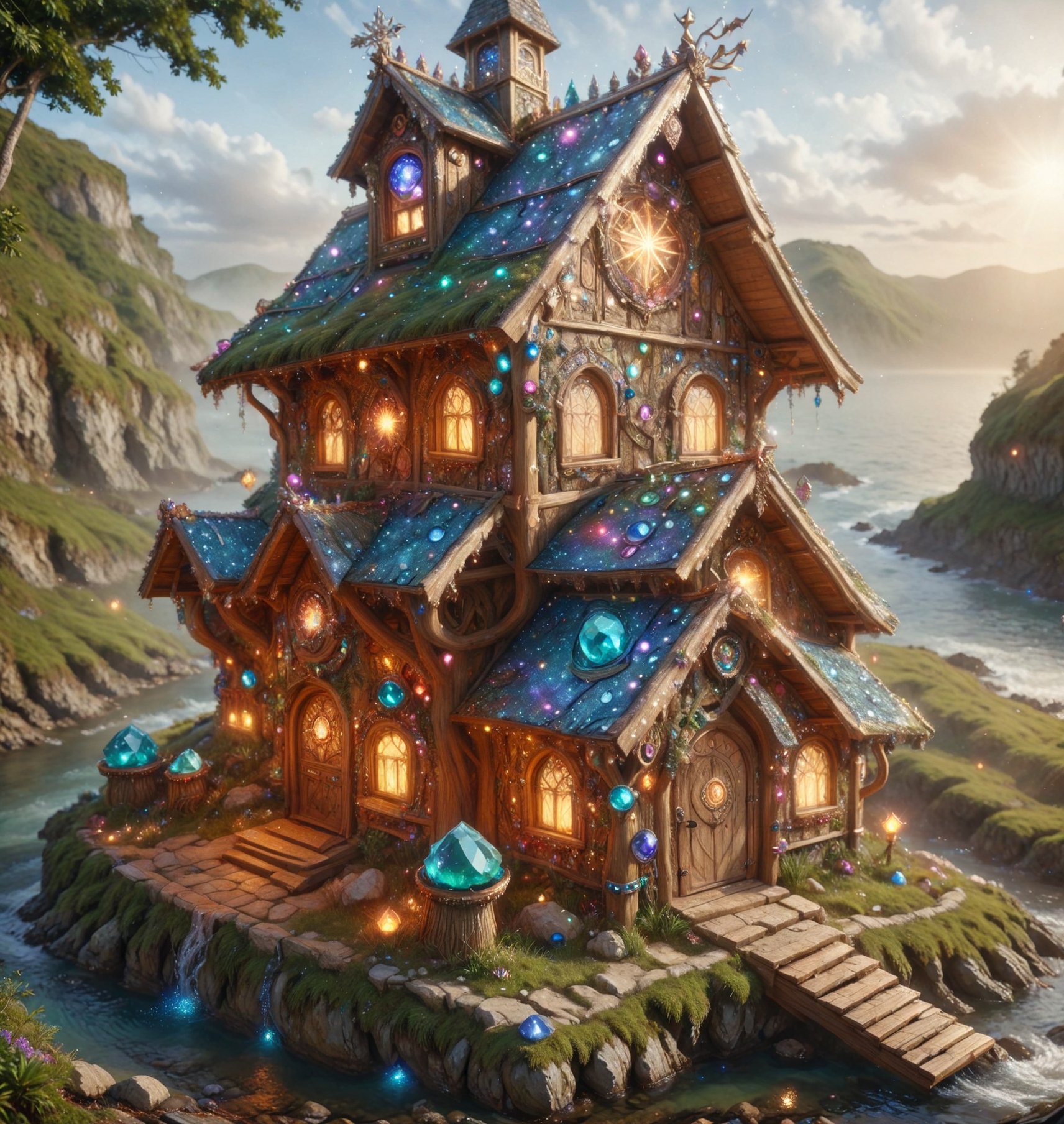 Create a high-definition, fantastical magical mystical village that glows  with rom the gems that adorn their little houses