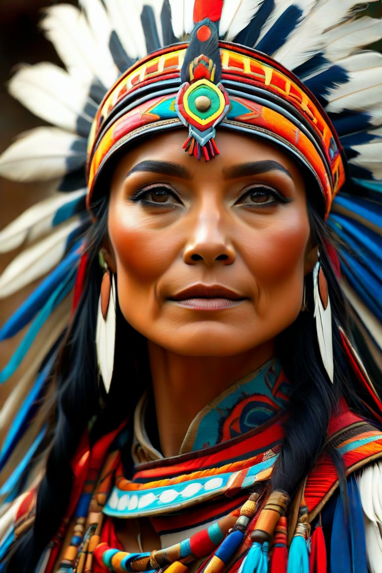 create an extreme close up of a native american indian womens face, it is done up in the traditional celebration  paint