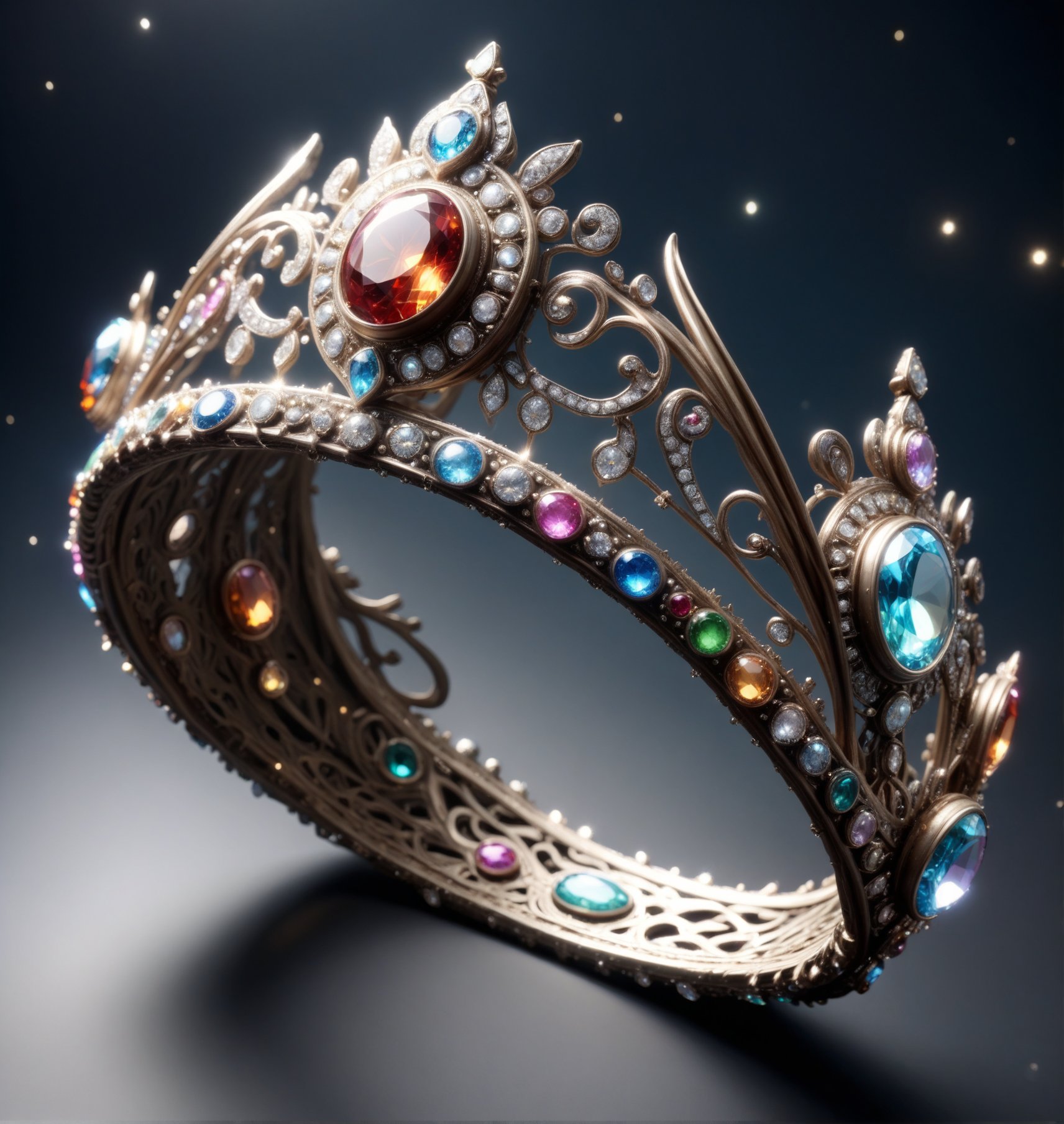 Create a high-definition, stunning tiara made of gems and diamonds on a silver band, in the pattern of waves