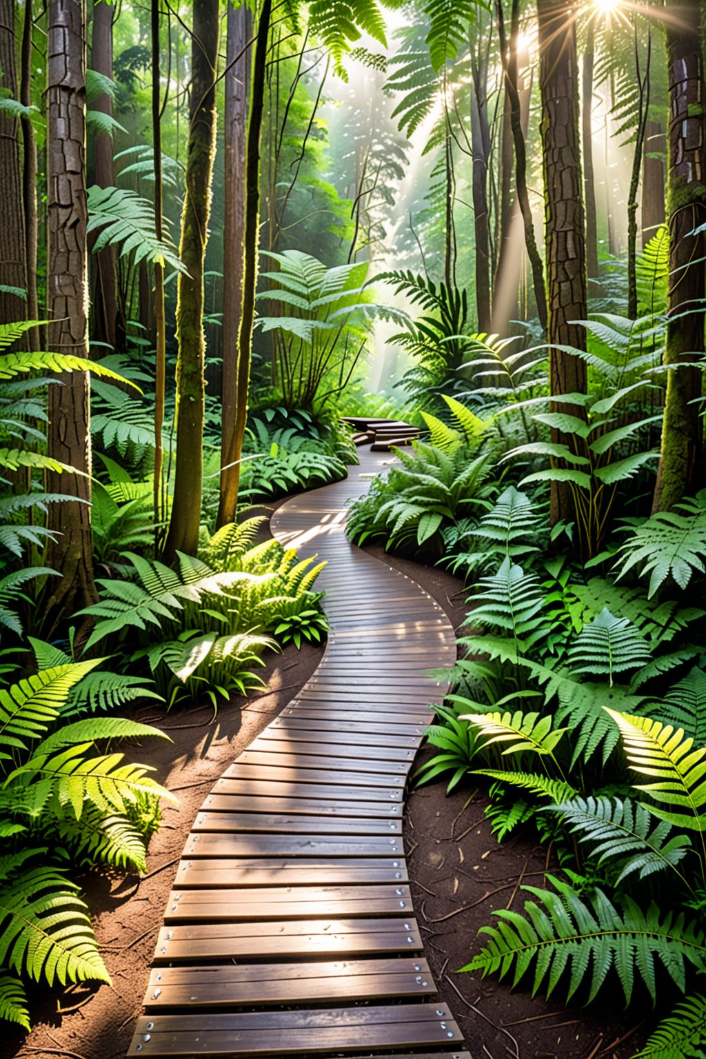 A serene wooden walkway winding through a lush, dense forest. The footpath is carefully constructed with natural wood, seamlessly blending into the surrounding environment. It weaves gracefully between towering trees, allowing visitors to walk through the heart of the forest and take in the natural beauty it holds. The forest is rich with greenery, from tall trees with sprawling canopies to ferns and wildflowers growing along the sides of the walkway. Soft sunlight filters through the leaves, casting gentle beams of light onto the path. The scene is peaceful, inviting, and full of the tranquility that only a deep forest can provide, offering a perfect blend of natural and man-made beauty