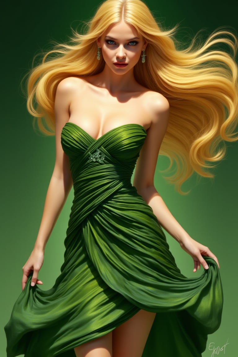  A stunning beautiful perfect female, with hair of golden yellow and a dress of green