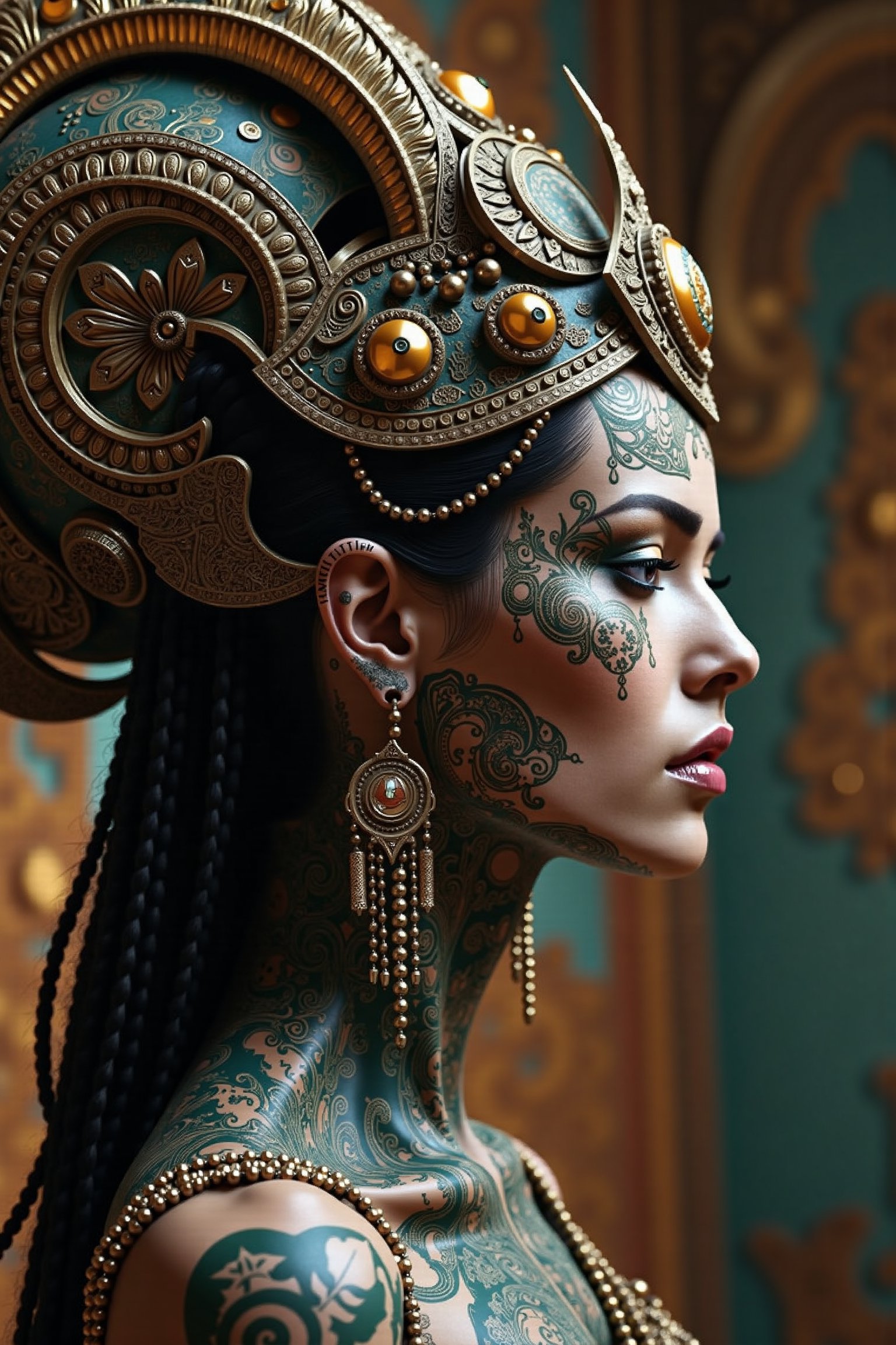 Create an alien female gypsy with an ornate background