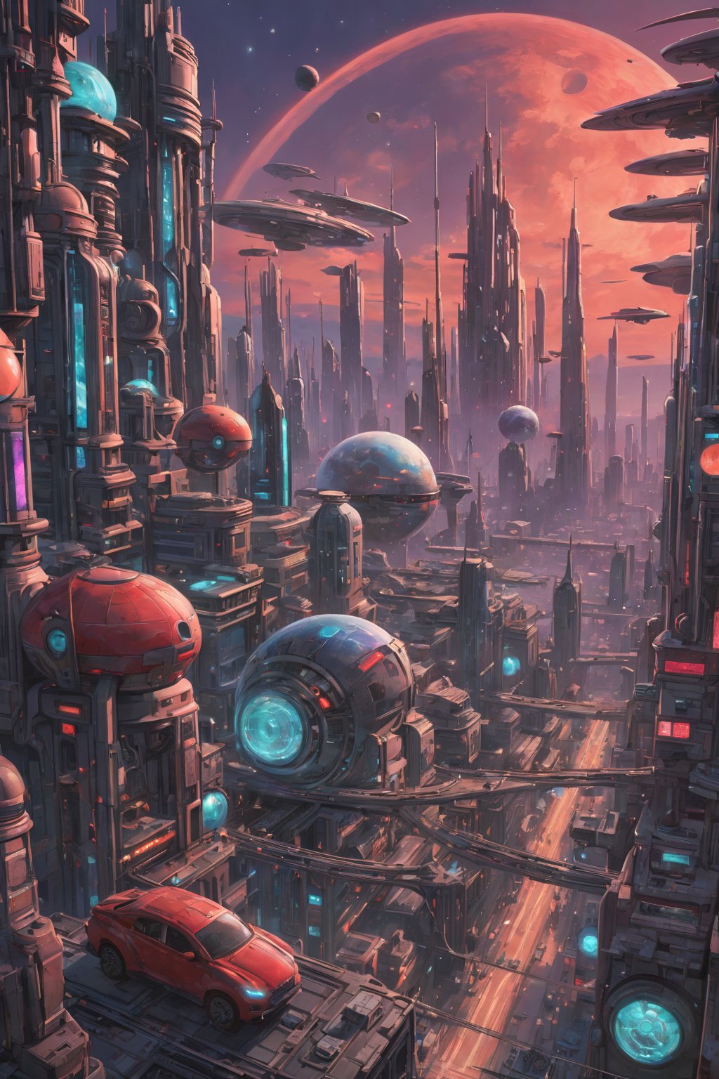 Create a sprawling futuristic metropolis on an alien planet,  illuminated under a deep sapphire sky with twin moons glowin...