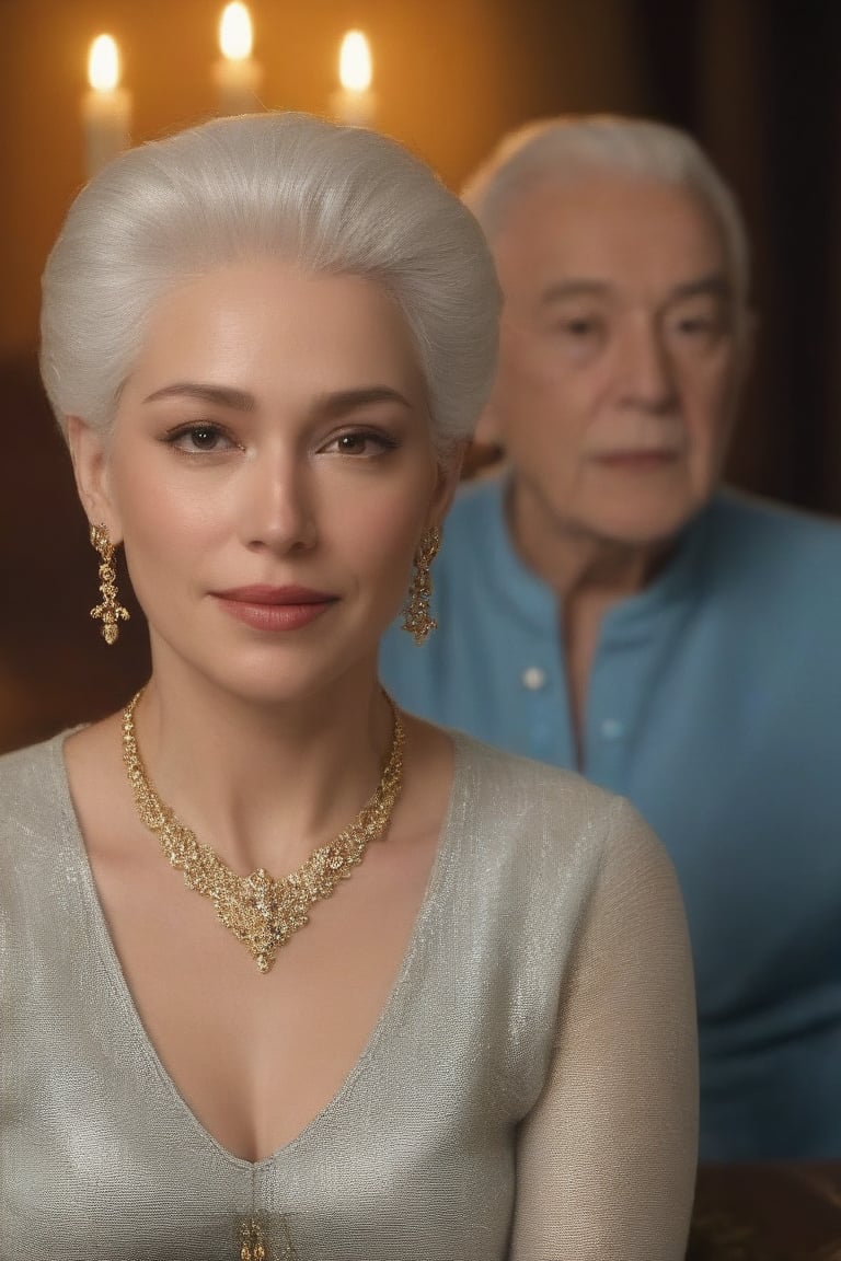 A close-up shot of a mature woman with striking white hair, adorned with intricate jewelry - a delicate necklace and elegant earrings. She sits beside an elderly couple, the old man and woman, in a dimly lit room with worn, vintage furniture. The warm glow of a nearby candle casts a realistic ambiance, highlighting the subjects' gentle features.