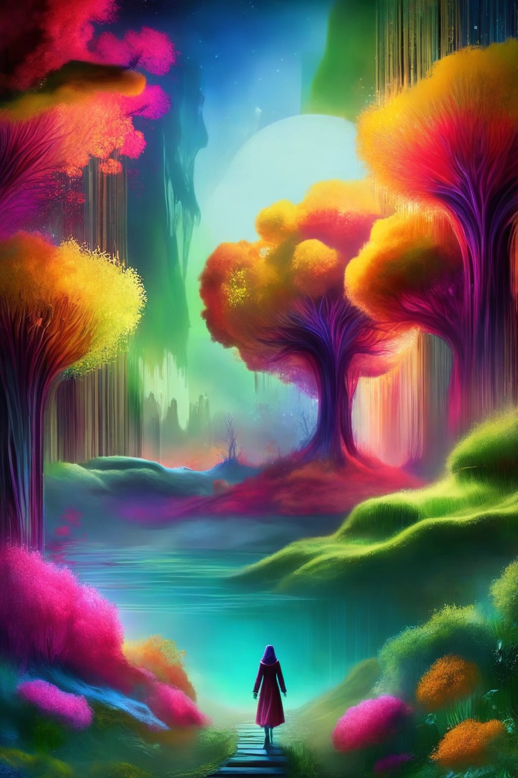 create a mysterious, captivating image, background is bright and colourful