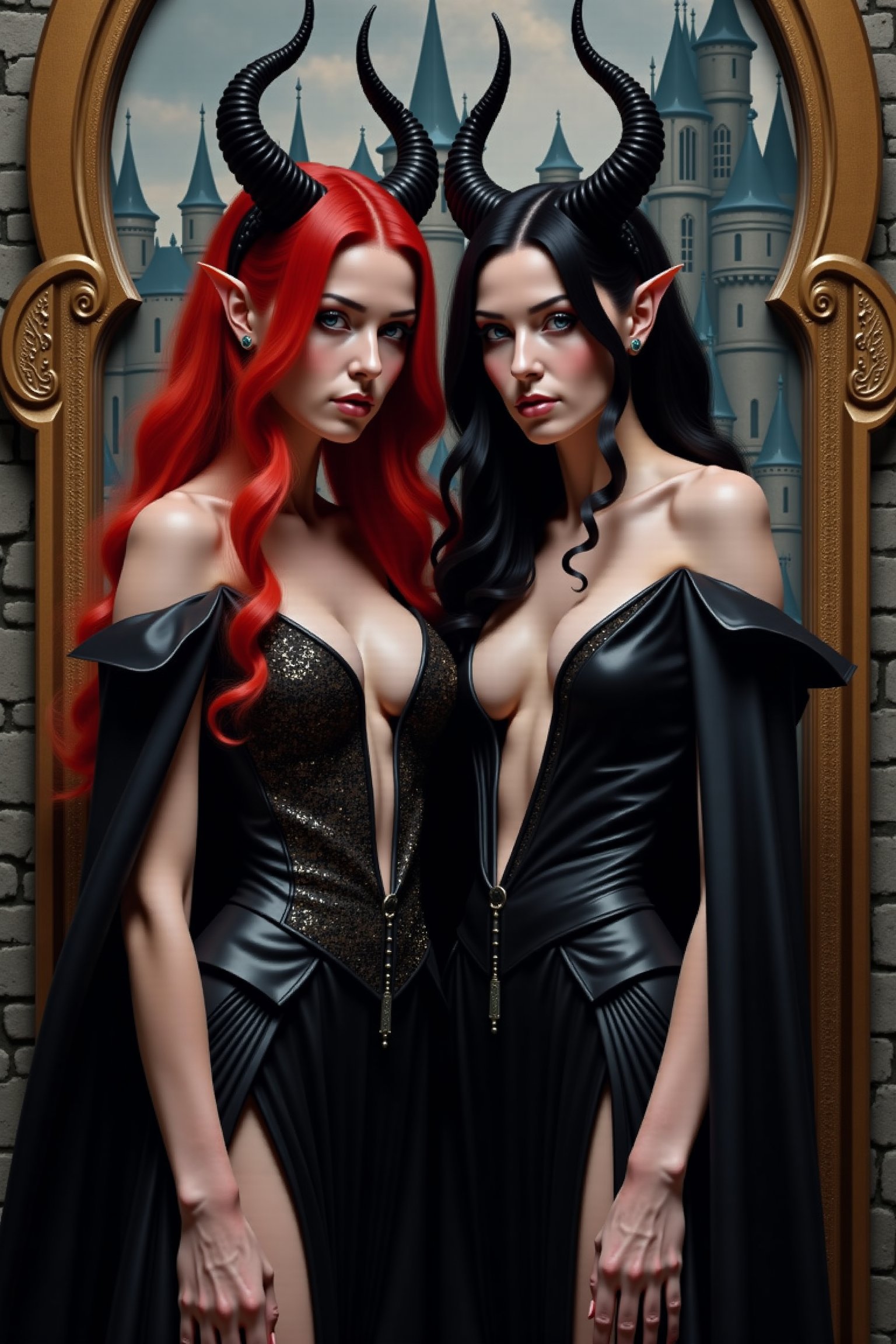 Create twin she devils, one with red hair, one with black hair, with an ornate castle background, standing side by side