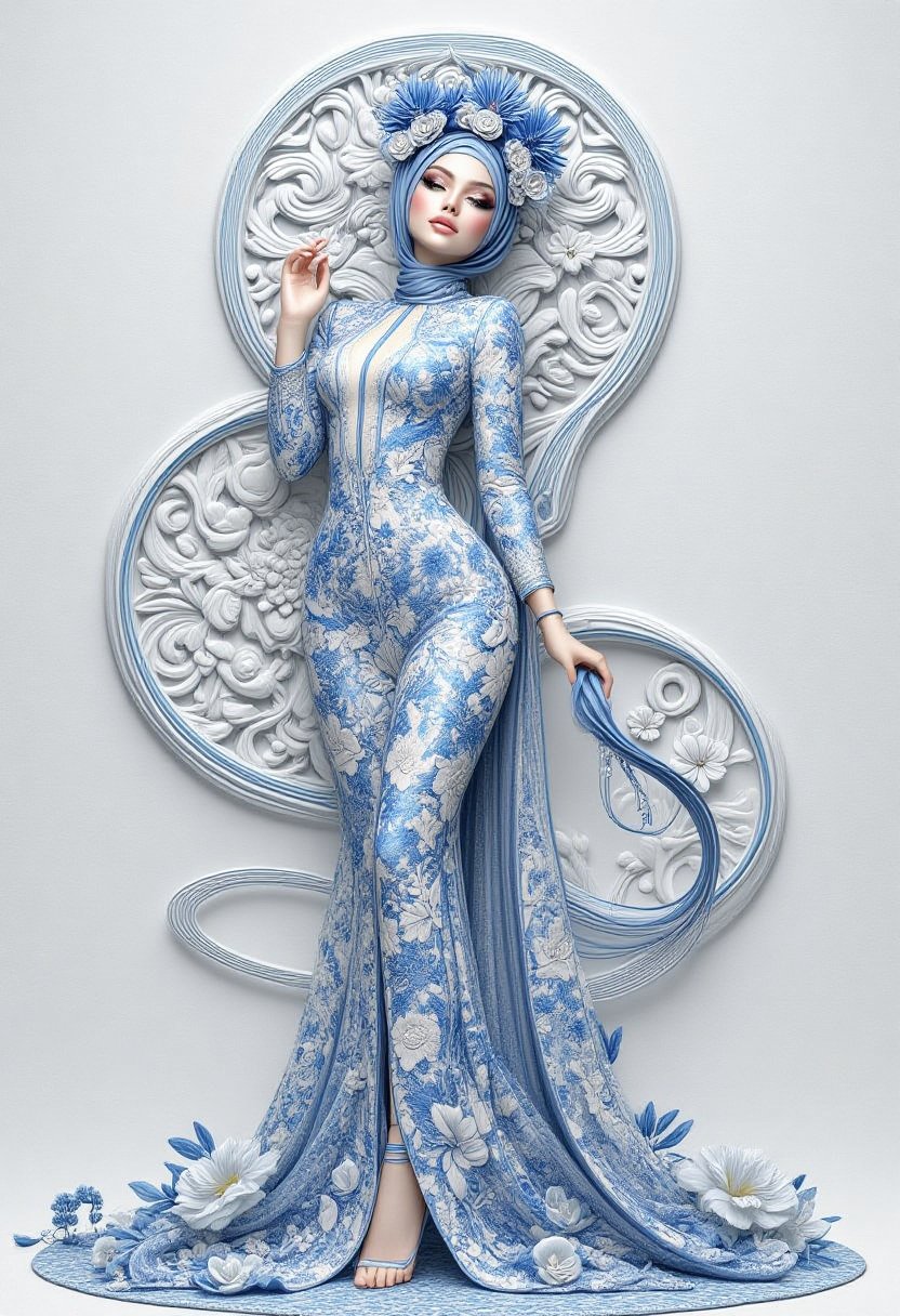 An exquisitely detailed illustration of a woman crafted entirely from delicate porcelain, standing in perfect balanced symmetry. Her form is adorned in intricate white and blue patterns, resembling the fine details of filigree, with her facial features meticulously sculpted, evoking hyperrealism and refined beauty. The scene is set in a comic book and grunge style fusion, capturing both elegance and intensity. The artwork showcases super HD quality, emphasizing the sharpness of every porcelain crack, shadow, and highlight. Rendered in the style of Hayv Kahraman, the composition embraces a fusion of realism and stylized grace, with a touch of mystery and sophistication