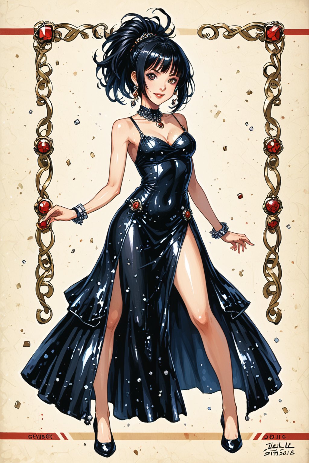 she stands in the middle of the run stage on a rotating pedestal, 4 small runways run off in each direction, she wears a 1920s sequin and fringe detail flapper dress, the bodice is made of bright coloured small gems and sequins, her black  hair is in a traditional 1920s style, her shoes are black stilettos