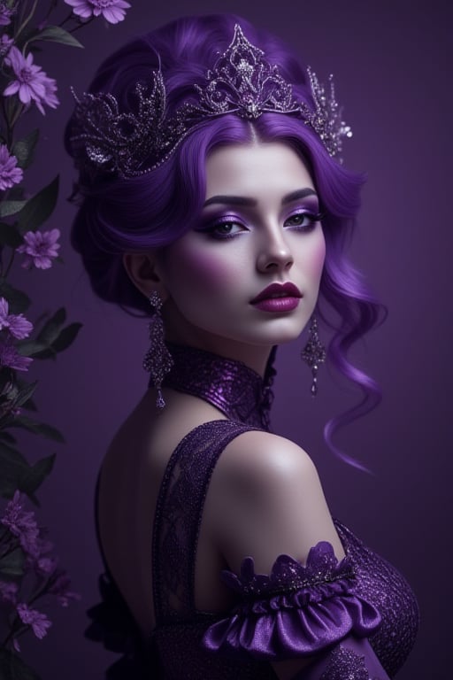 Purple Elegance, A  beauty in a Gothic boho outfit, orante surroundings, errie background, dark fantasy, dark,dark art movement style,