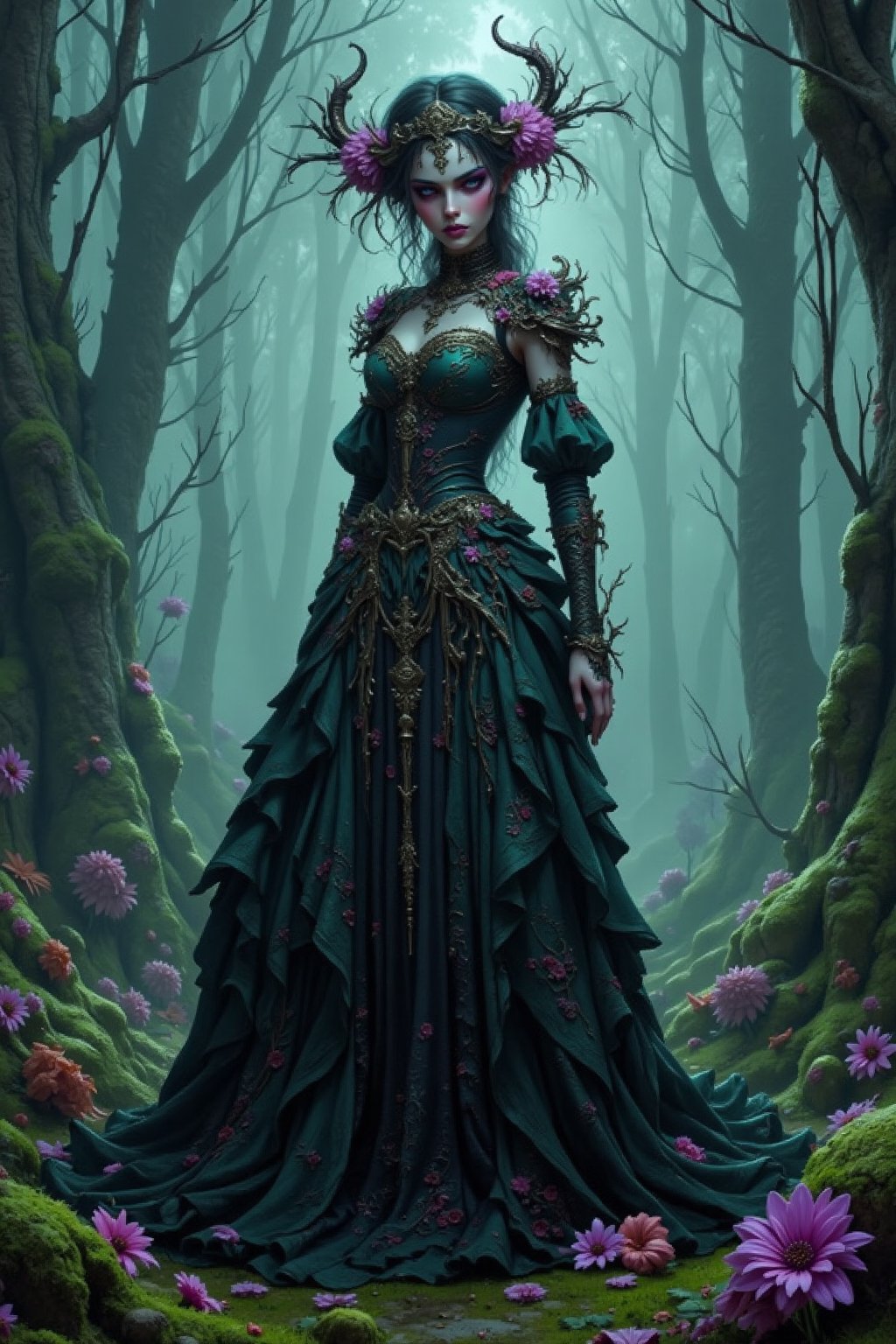 Create an image of a gothic female figure standing in a misty forest. She wears beautifully detailed traditional gothic clothing and has striking makeup. Surrealism style adds a whimsical touch, with upside-down trees and colorful shadows dancing around her.