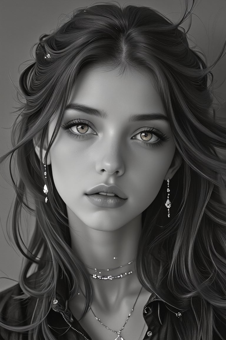 (1girl, solo, long hair, looking at viewer, closed mouth, monochrome, greyscale, earrings, lips, eyelashes, portrait), detailed textures, high quality, high resolution, high Accuracy, realism, color correction, Proper lighting settings, harmonious composition, Behance works,DonMD1g174l4sc3nc10nXL,photo r3al