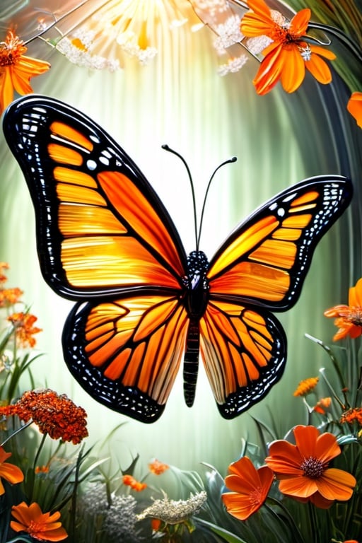 A beautiful monarch butterfly, with its colours og orange and black colors  gleaming through from the sun rays.,glass art,more detail XL,BugCraft,DonMSp3ctr4lXL,DonM1r0nF1l1ng5XL