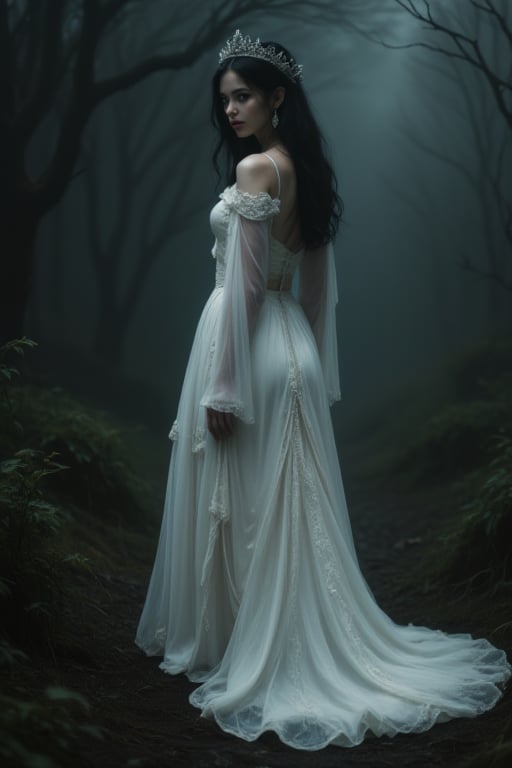  White Elegance, A  beauty in a Gothic boho outfit, orante surroundings, errie background, dark fantasy, dark,dark art movement style,CINEMATIC DARKNESS, ATMOSPHERIC HAZE, DEEP SHADOWS