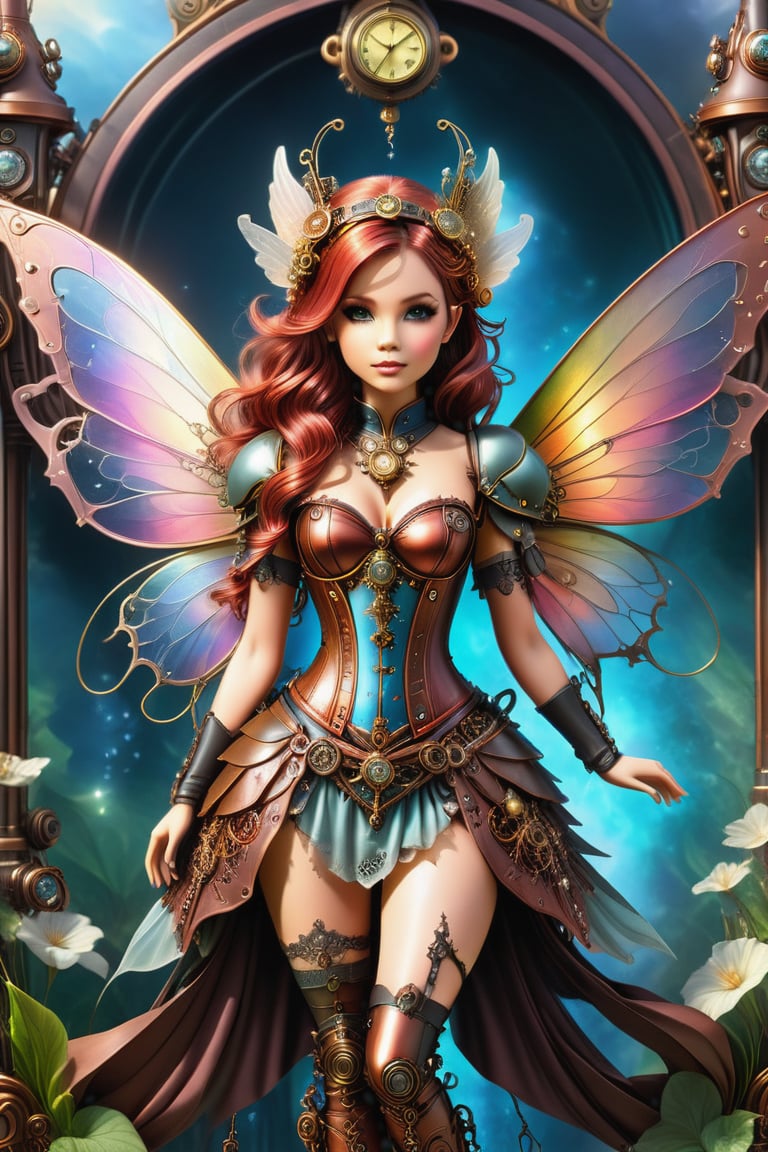 A creation fairy, infused with steampunk elements, stands before an ornate backdrop. ,HZ Steampunk,fairytale,DonMBl00mingF41ryXL ,DonMF41ryW1ng5XL