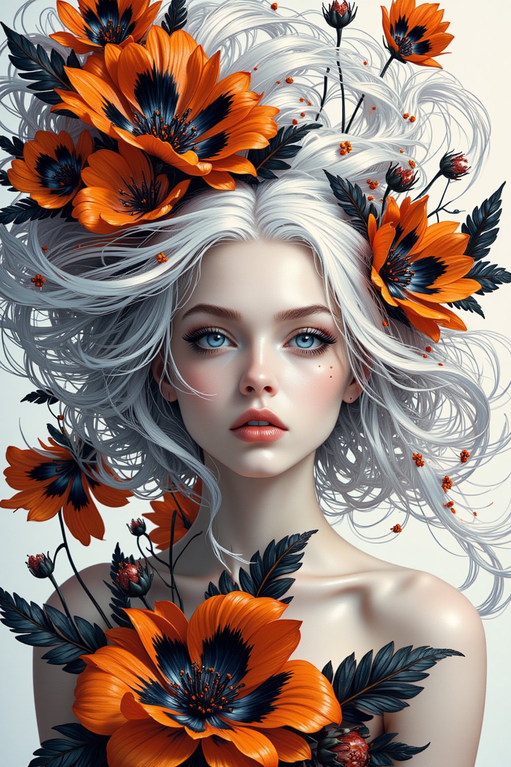 A (((full body shot))) of a (((stunning  albino woman))) whose white hair ((flows gracefully)), blending with the (((softly swirling petals))) of a (orange and black flower) that gently twirls around her form,  her eyes drawn with ultra-detailed long lashes, that captures the essence of natural beauty and elegance, close up 1.3. 