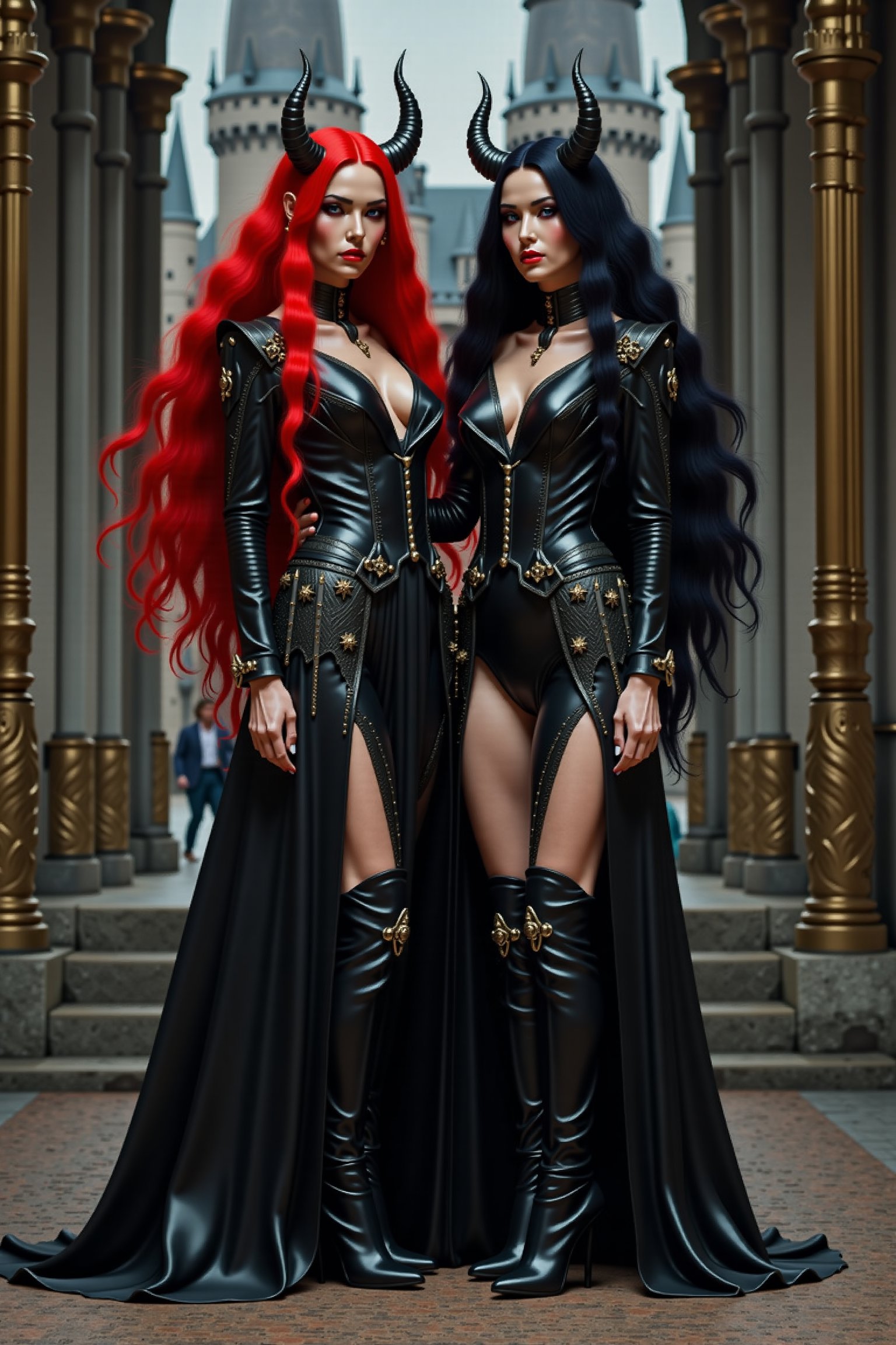 Create twin she devils, one with red hair, one with black hair, with an ornate castle background, standing side by side