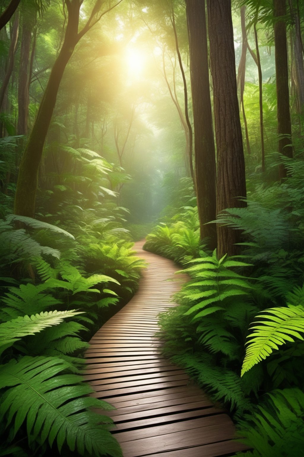 A serene wooden walkway winding through a lush, dense forest. The footpath is carefully constructed with natural wood, seamlessly blending into the surrounding environment. It weaves gracefully between towering trees, allowing visitors to walk through the heart of the forest and take in the natural beauty it holds. The forest is rich with greenery, from tall trees with sprawling canopies to ferns and wildflowers growing along the sides of the walkway. Soft sunlight filters through the leaves, casting gentle beams of light onto the path. The scene is peaceful, inviting, and full of the tranquility that only a deep forest can provide, offering a perfect blend of natural and man-made beauty