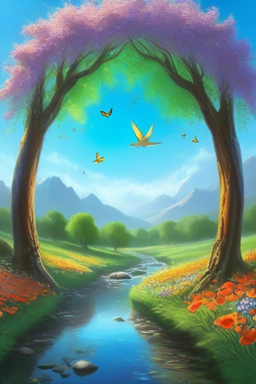 A breathtaking, high-definition, wide-angle view of a peaceful scene that embodies Mother Nature’s beauty, serenity, and love. The vibrant landscape is bathed in warm sunlight, with lush meadows of wildflowers in a kaleidoscope of colors—lavender, daisies, and poppies—swaying gently in the breeze. Towering ancient trees with sprawling branches frame the scene, their leaves glowing a soft emerald green. A crystal-clear river meanders through the landscape, reflecting the blue sky and the surrounding natural beauty. Birds gracefully soar above, while butterflies flutter among the flowers. The atmosphere radiates peace and tranquility, capturing the essence of love and harmony within nature’s embrace. Every detail is crisp and clear, creating a sense of stillness and awe.