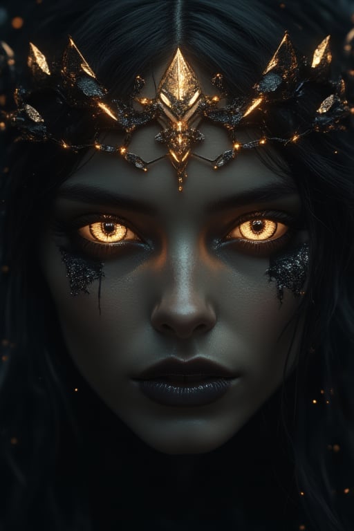 fashion shoot, beautiful goddess, perfect sweet face and eyes, , long blowing hair, Fantastic Realism and Sharp Focus, , Glowing Accents, fantasy art, watce, golden appear naturally, symmetrical, glowing crystals,Ceramic_Animal,goth girl,MidnightEmber,illustr3alFlux