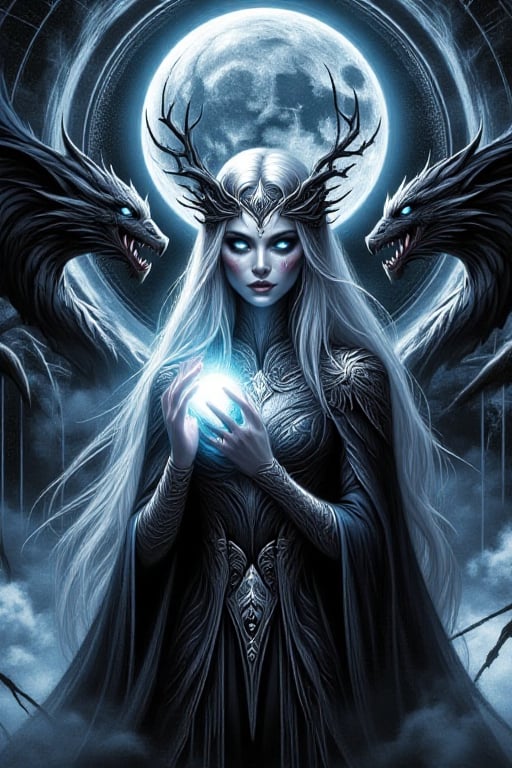 A powerful and ethereal sorceress stands at the center of a mystical realm, her intense, icy blue eyes glowing with otherworldly energy. She wears an intricately designed crown of dark, twisted branches and silver embellishments, framing her flowing silver hair. In her hand, she holds a glowing orb of light, pulsating with ancient magic, as if harnessing the very essence of the moon. Two majestic, shadowy creatures with wings and sharp talons flank her on either side, guarding her presence. The air around her swirls with tendrils of mist and arcane symbols, hinting at the deep and mysterious forces she controls