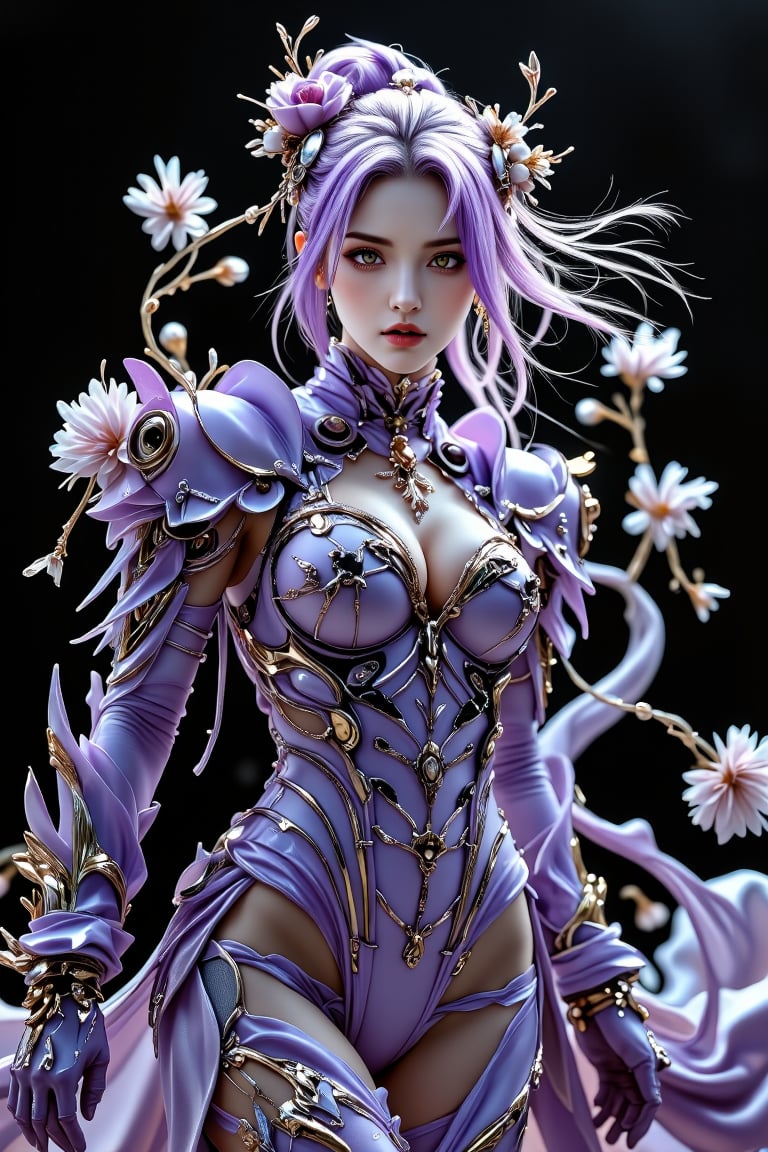 
Beautiful strong mech cyberwoman slashing through battle, purple gloss plastic glass, aluminium, full body shot, dynamic action pose, Leonardo DaVinci style, Space Art, Sci-Fic Art, pretty, woman, sexy face, yellow eyes, lilac hair, slim body, sexy pose, purple tights, mecha armor, realistic, beautiful light, complete detail, black background,  girl with, photo realistic, dandelionstyle, white angels breath flower spays, ice, frost, ink, 8k digital resolution,