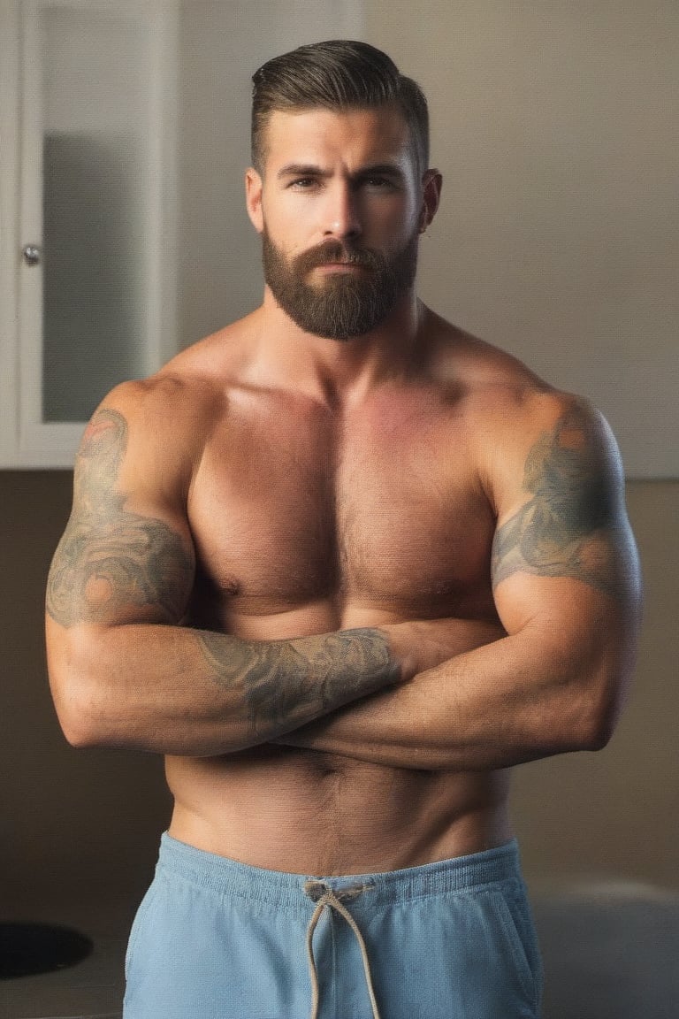 create a hot buff man, no short, tight pants, he has a full beardans moustache, has tattoos on his arms, Handsome male