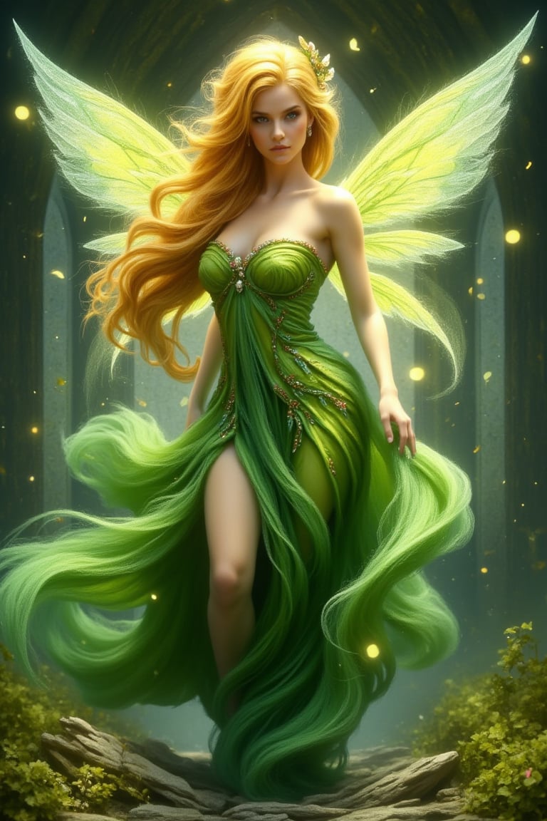  A stunning beautiful perfect fairy female, with hair of golden yellow and a dress of green