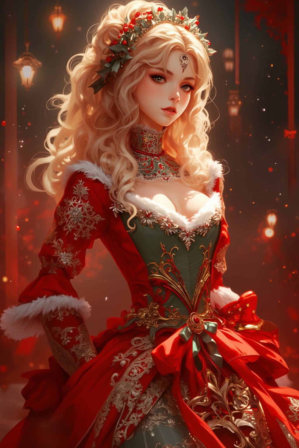 ((christmas themed)) masterpiece,((best quality, 8k, ultra-detailed)),perfect anatomy, ,kanna kamui,(12yo girl :1.4) ,(solo:1.4),(flat chest:1.4),pretty face,Simple back ground,full body shot,( christmas wedding dres:1.4),expose navel