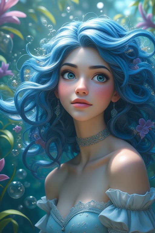 A serene and ethereal female figure with flowing blue hair that merges with the surrounding environment.  The background is filled with bubbles, some of which are translucent and others shiny, giving an impression of underwater depth. The color palette is dominated by soft blues, whites, and hints of gold, creating a dreamy and magical atmosphere.burlesque,shabby chic,,fine art,epic,Boho gypsy, marquise,duchesse,dark fantasy,