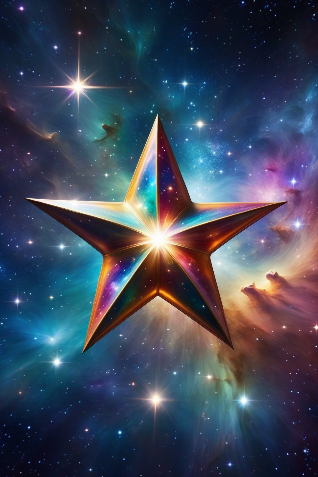 create the most brightest most beautiful shining star, its sits centre of image, big and bold, other little stars of differnt colors float around the big star, in the centre of the biggst star I woujld like a meidum size shape of a geart and the test is to read ' S 'placed inside that