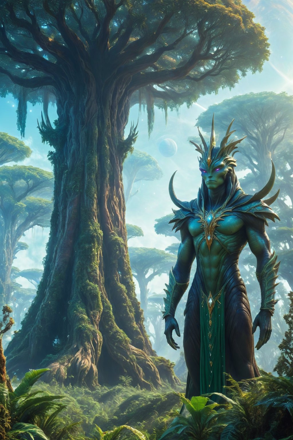 an alien planet with alien trees and plants, stnading in middle of the fauna are the Alien King and Queen of the planet, adorned in their finest cloting and jewels, they stand side by side, a amazing looking pair,science fiction