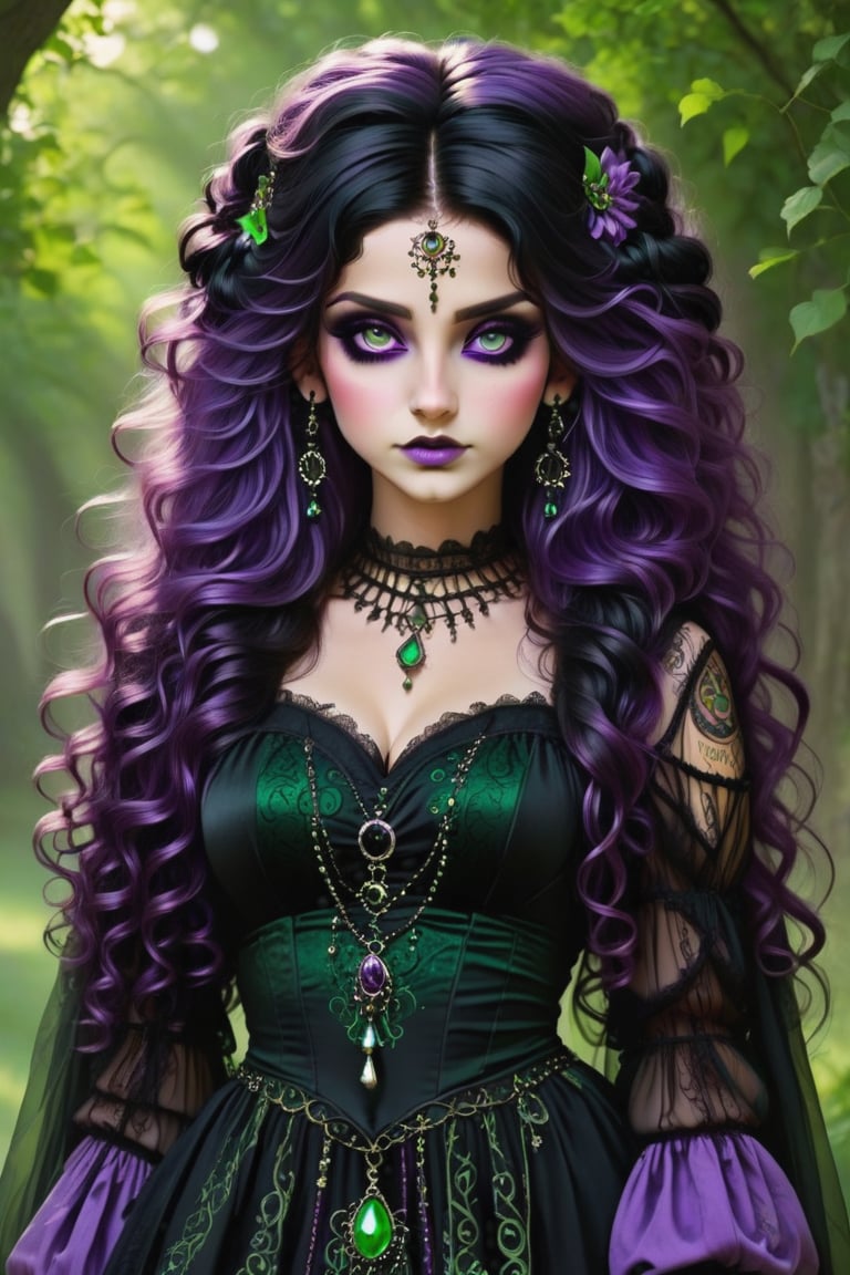 A mix of  gypsy and gothic, her hair is black, , her eyes are a vivid green her dress is lilac