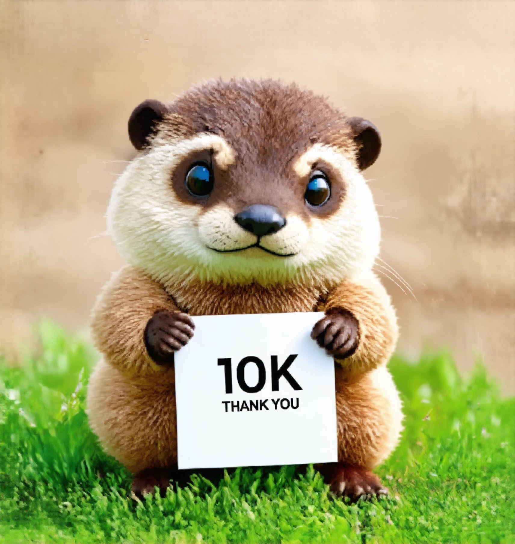 a cute furry little otter sitting on grass holding a sign  , the text on the sign is to read  ''10 k  thank you''