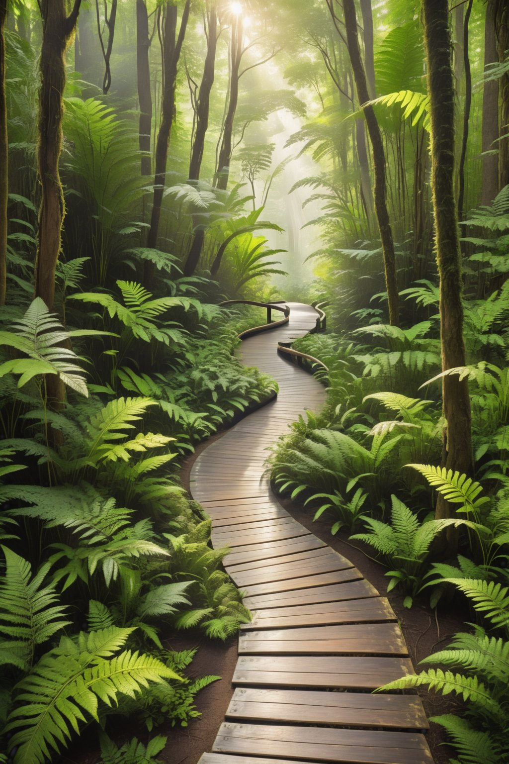 A serene wooden walkway winding through a lush, dense forest. The footpath is carefully constructed with natural wood, seamlessly blending into the surrounding environment. It weaves gracefully between towering trees, allowing visitors to walk through the heart of the forest and take in the natural beauty it holds. The forest is rich with greenery, from tall trees with sprawling canopies to ferns and wildflowers growing along the sides of the walkway. Soft sunlight filters through the leaves, casting gentle beams of light onto the path. The scene is peaceful, inviting, and full of the tranquility that only a deep forest can provide, offering a perfect blend of natural and man-made beauty