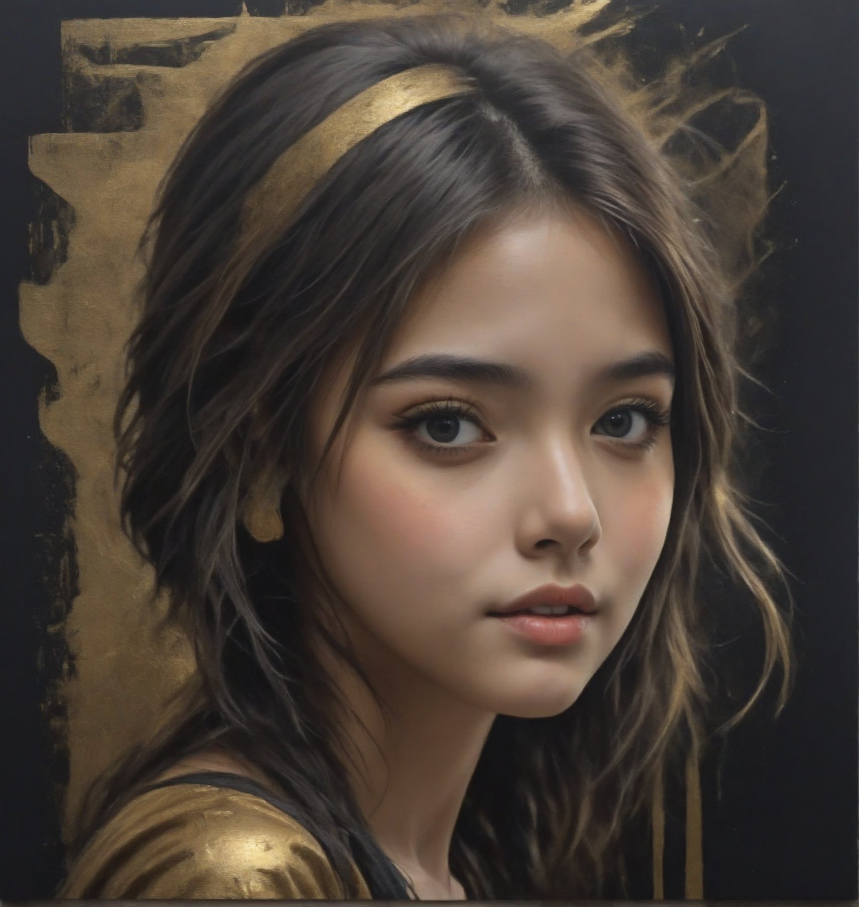 masterpiece, high quality photo, cool tone, (black simple background), colorful cute-girl carved on gold, (wide shot), , drtailed face,INK,ink,DonMB14ckB377yXL, golden and black spirit,golden patterns,Monochrome,Gray scale,Pencil sketch