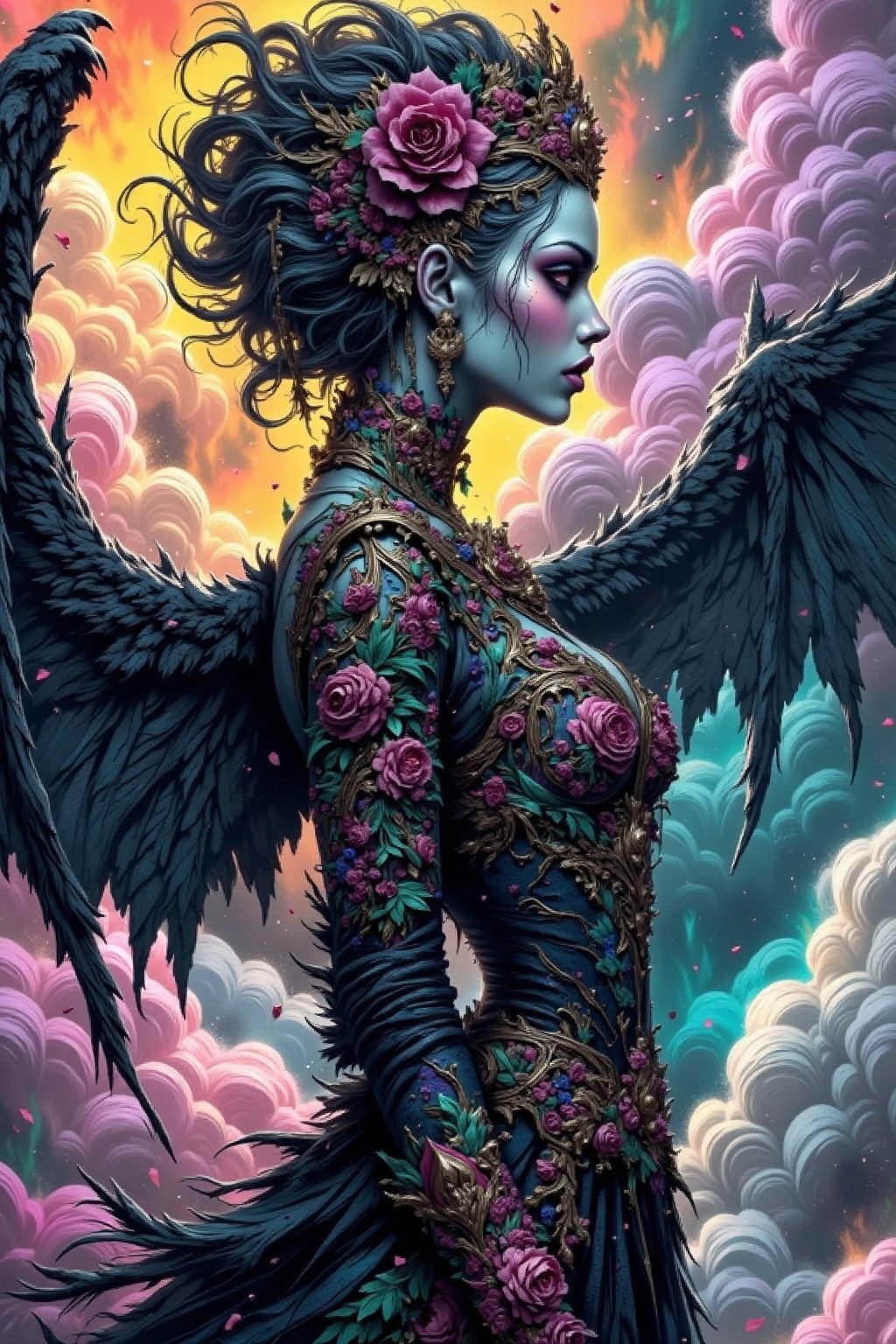 Paint a gothic female in an ornate traditional gothic outfit, complete with elaborate makeup that highlights her beauty. Use surrealism to depict her in a mystical realm, featuring floating, disembodied wings and an array of colorful clouds swirling in the background.