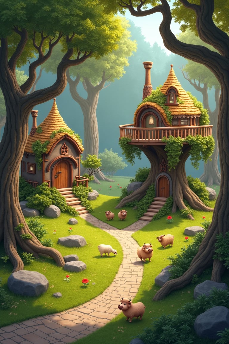Create a small fantasy village with whimsical single storey treehouses nestled among tall,  curvy trees. Each treehouse ha...