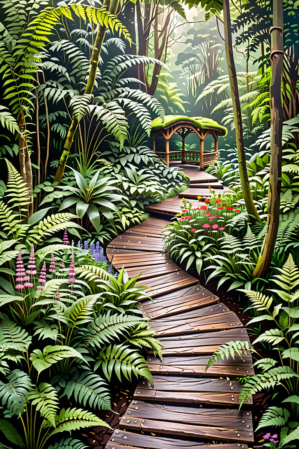 A serene wooden walkway winding through a lush, botanical garden. The footpath is carefully constructed with natural wood, seamlessly blending into the surrounding environment. It weaves gracefully between the gardens, allowing visitors to walk through the heart of the garden and take in the natural beauty it holds. The forest is rich with greenery, from tall trees with sprawling canopies to ferns and wildflowers growing along the sides of the walkway. 