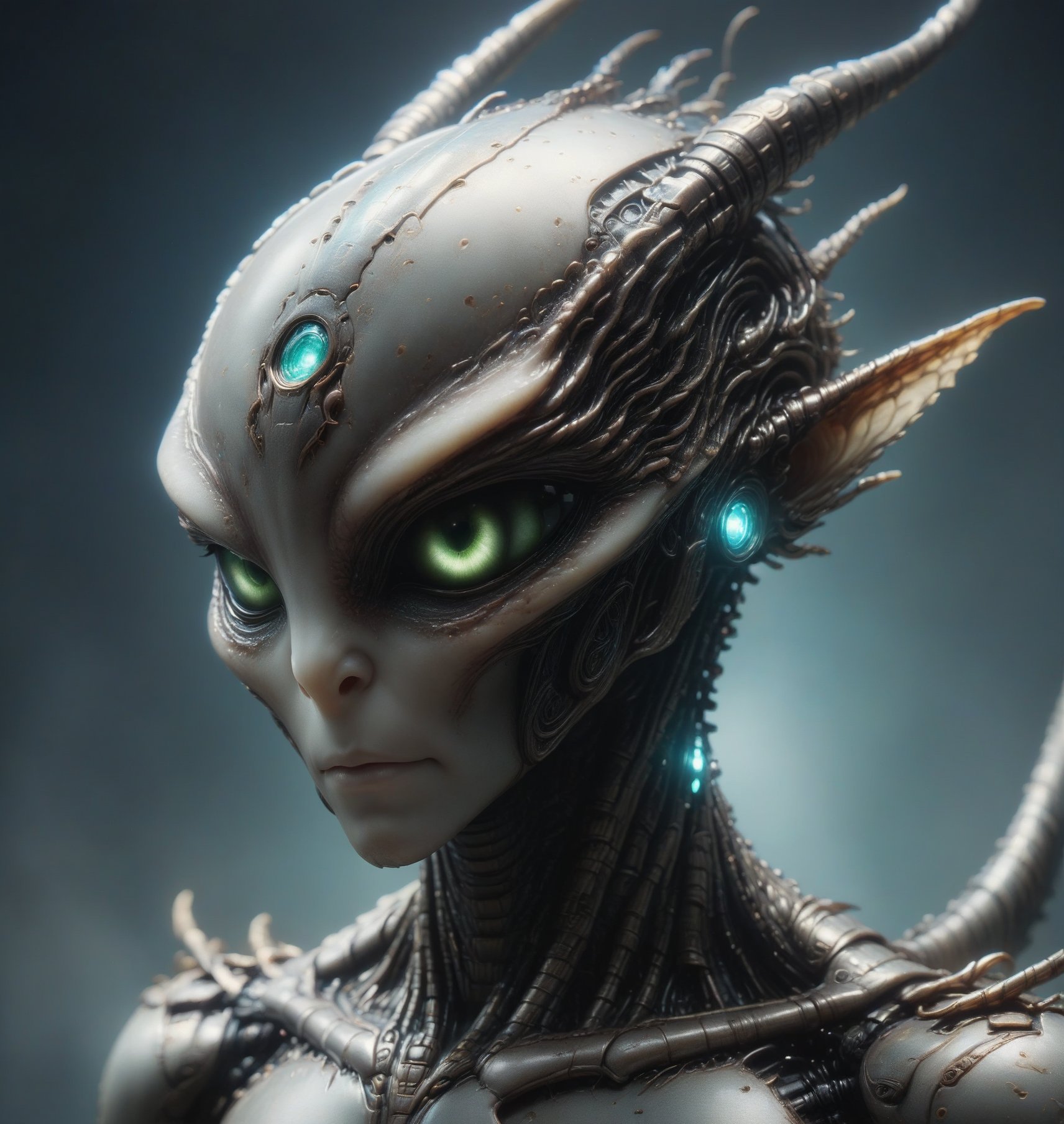 create an an amazing alien type being in a portrait style, , dragon robot, zhibi,