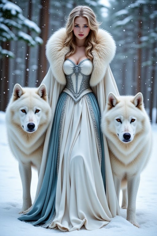 A majestic winter scene featuring an elegant woman dressed in flowing white robes with fur accents, standing confidently in a snowy forest. Her attire is medieval-inspired, with a silver clasp at her chest and a soft blue sash around her waist. She is accompanied by two large, ethereal white wolves, one on each side, their expressions calm and watchful. Snow gently falls around them, and the trees in the background are dusted with frost, creating a serene and mystical atmosphere. The lighting is soft, casting a gentle glow on her face and highlighting the snowy textures around