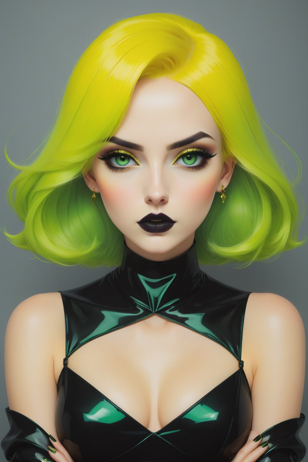 please create me a witch, bright yellow hair, brigth green eyes and glossy plain coloured lips,standing_up, arms crossed in front, stunning, amazing eyes, kayv kahraman style