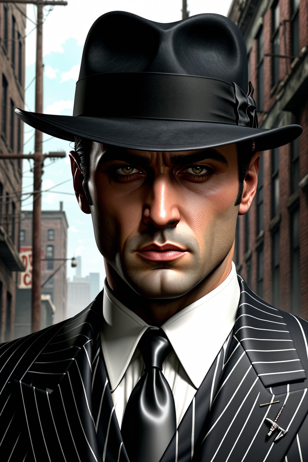 the scene is a mobster,  in his pin striped suit and black hat . High quality,  high resoltion. by Gypsy-Rose NZ on Tensor...