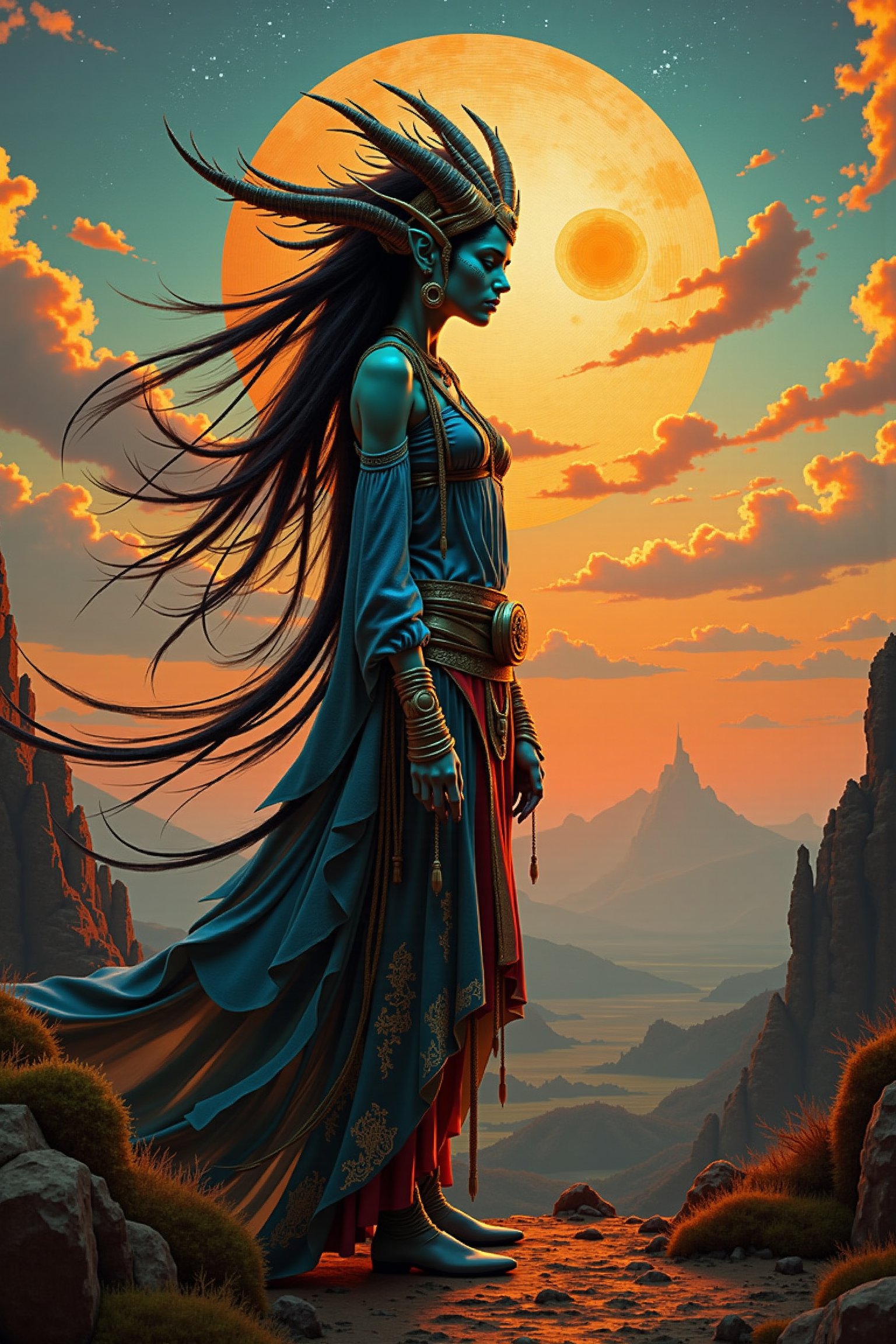 Create an alien female gypsy with an ornate background and landscape