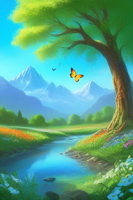 A breathtaking, high-definition, wide-angle view of a peaceful scene that embodies Mother Nature’s beauty, serenity, and love. The vibrant landscape is bathed in warm sunlight, with lush meadows of wildflowers in a kaleidoscope of colors—lavender, daisies, and poppies—swaying gently in the breeze. Towering ancient trees with sprawling branches frame the scene, their leaves glowing a soft emerald green. A crystal-clear river meanders through the landscape, reflecting the blue sky and the surrounding natural beauty. Birds gracefully soar above, while butterflies flutter among the flowers. The atmosphere radiates peace and tranquility, capturing the essence of love and harmony within nature’s embrace. Every detail is crisp and clear, creating a sense of stillness and awe.