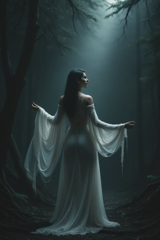  White Elegance, A  beauty in a Gothic boho outfit, orante surroundings, errie background, dark fantasy, dark,dark art movement style,CINEMATIC DARKNESS, ATMOSPHERIC HAZE, DEEP SHADOWS