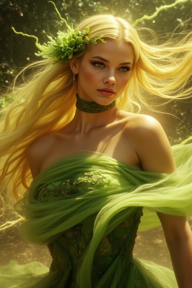  A stunning beautiful perfect female, with hair of golden yellow and a dress of green