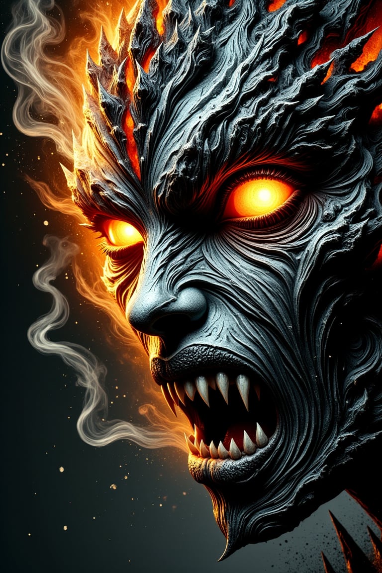 A striking, high-detail image of a half-demon, half-human figure. The right side of the face is human, with flawless, soft skin, delicate freckles, and glowing amber eyes that seem to burn with intensity. The other side is a demonic visage, with molten, fiery textures, sharp fangs, and glowing orange eyes that mirror the human side’s power. Fiery, molten streaks and intricate details flow from the demonic side of the face, blending into the human half seamlessly, creating a captivating contrast between beauty and terror. The image captures the essence of inner conflict and the fusion of two opposing natures—beauty and monstrosity